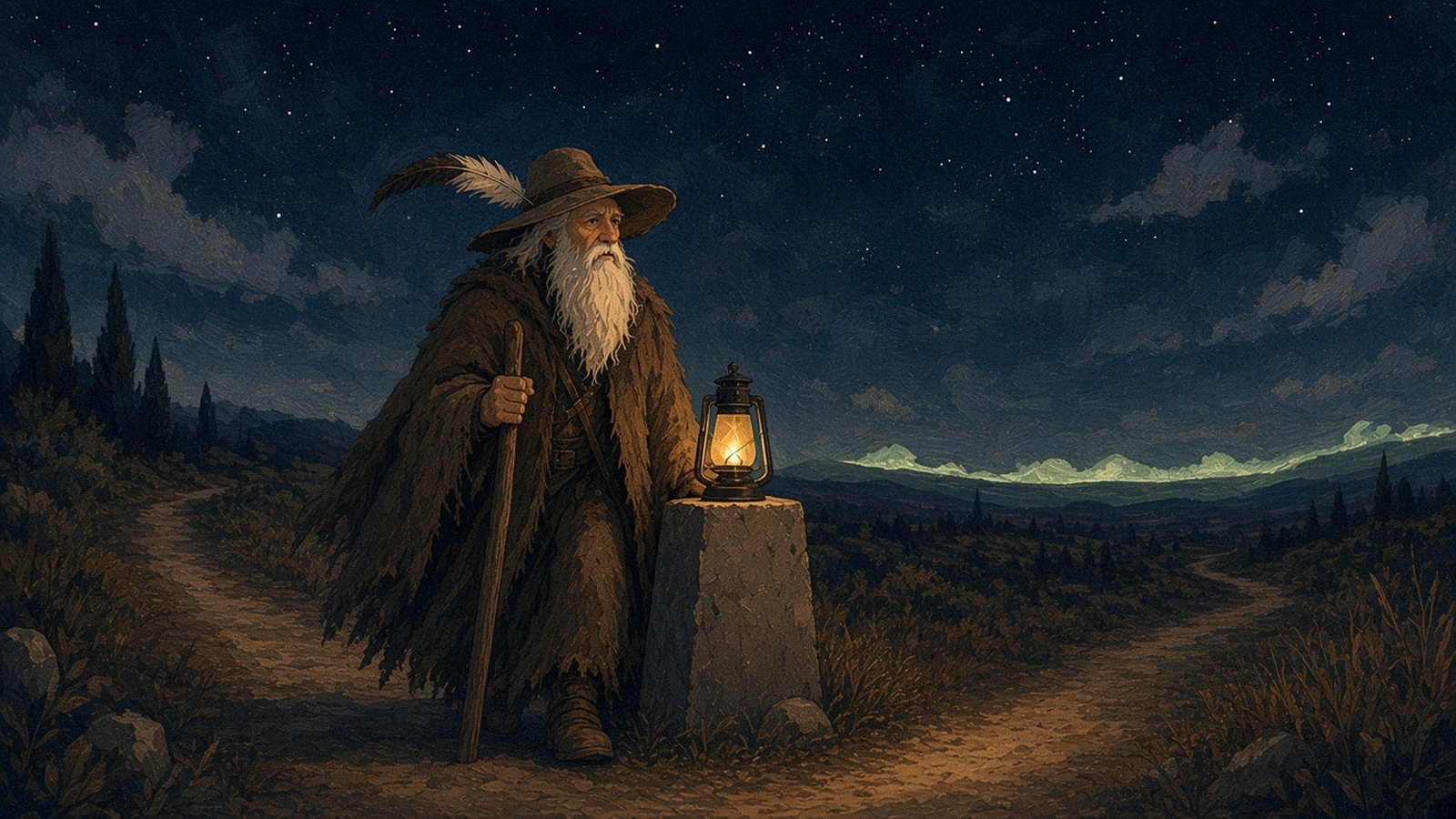 Hermes Trismegistus rests by a stone milestone with a glowing lantern where a path forks under a starry sky.