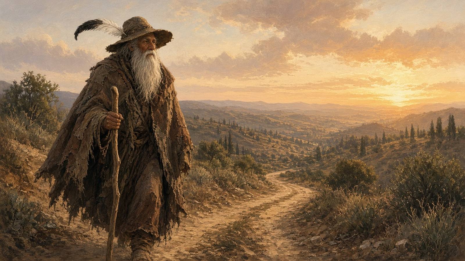 An old wanderer with a walking staff and a feathered hat walks a dirt road toward a golden sunset over the hills.