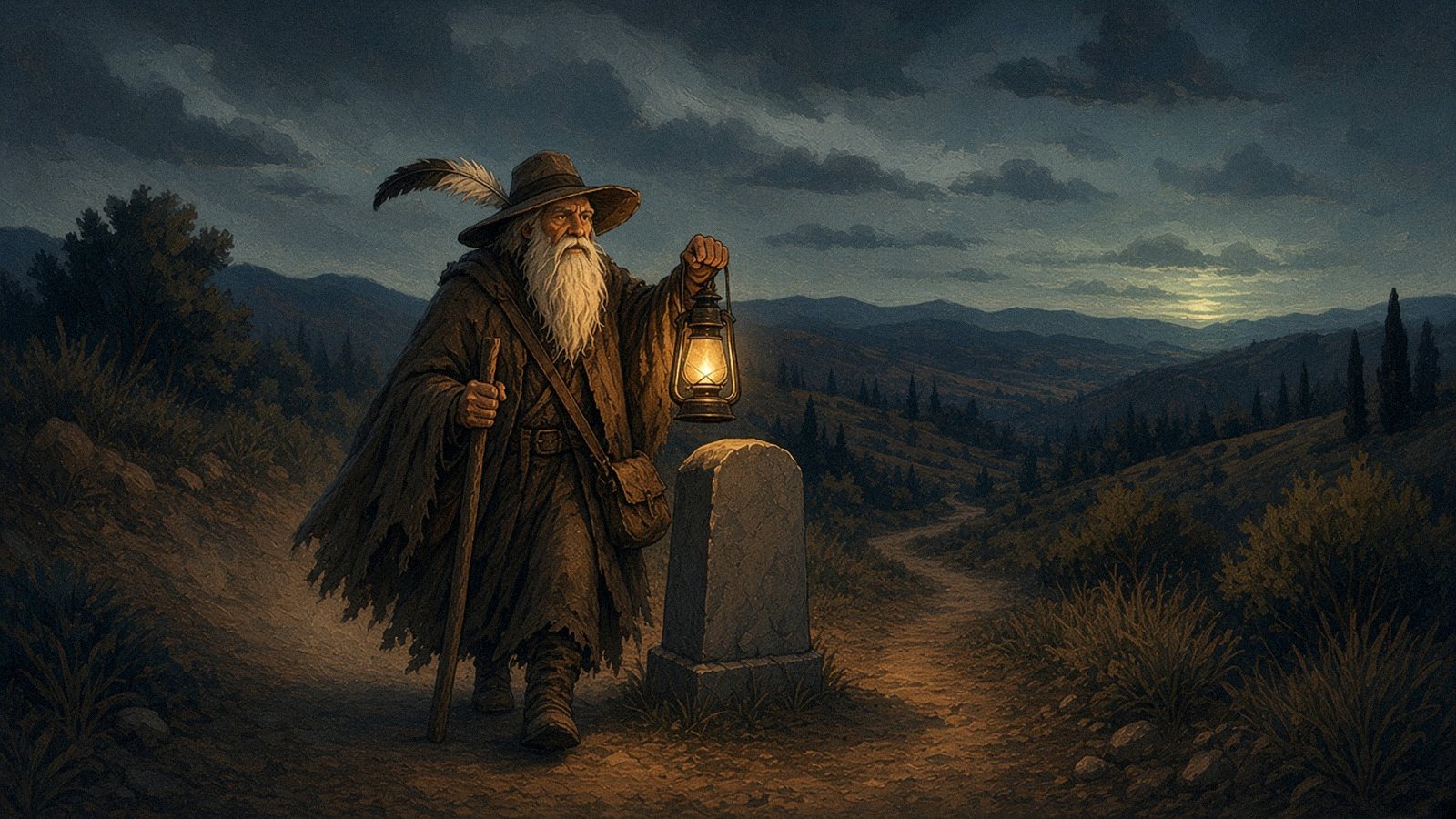 Hermes Trismegistus, a white-bearded wanderer in a feathered hat, raises a lantern beside a milestone at dusk.